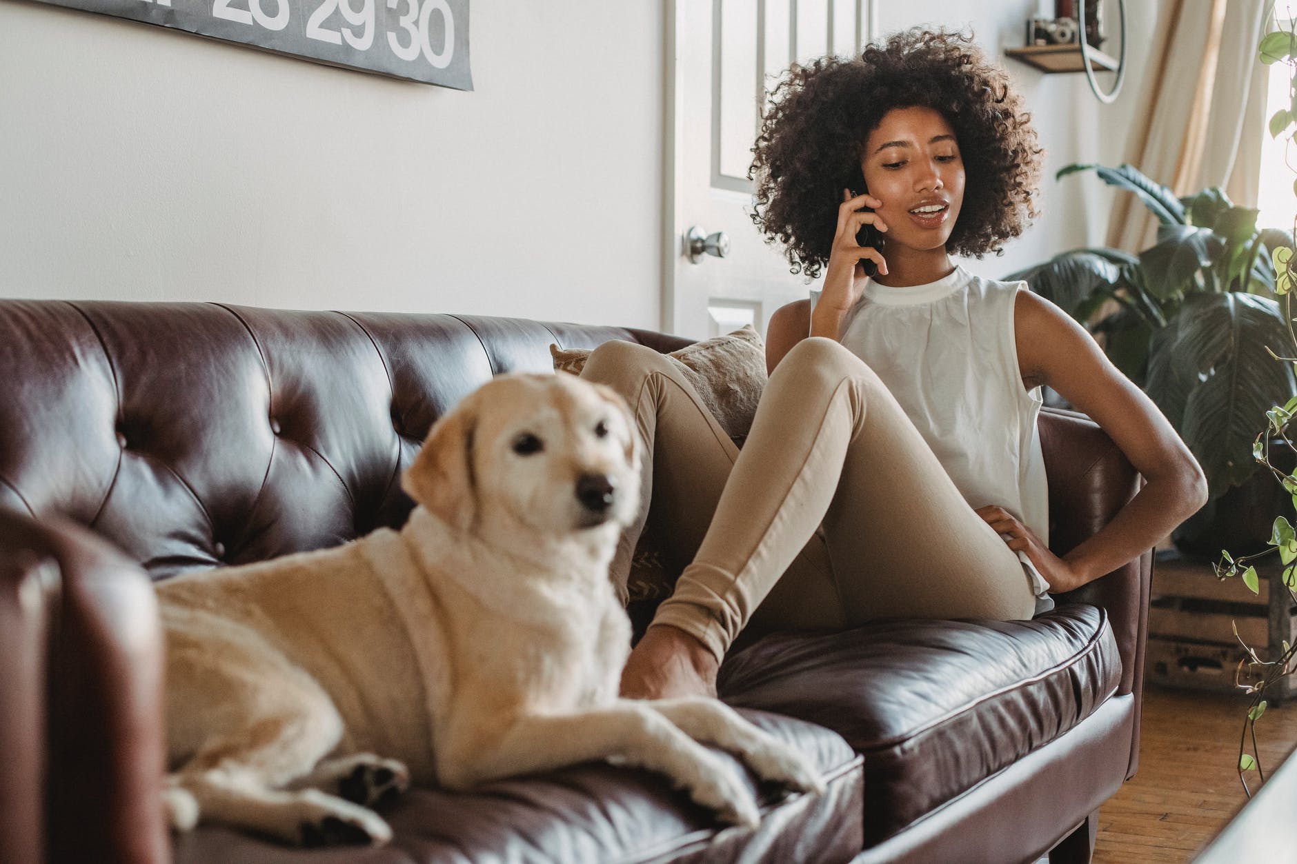 smiling black woman talking on smartphone while lying with dog